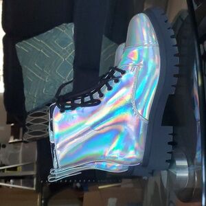 SO Jupiter holographic silver and black lugged chunky lace up combat boots